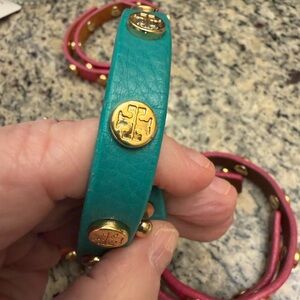 Tory Burch Gold-Embellished Teal and Pink Leather Bracelet